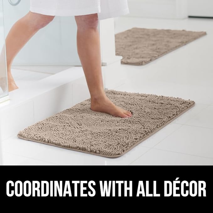 GORILLA GRIP Bath Rug Mat 44x26, Thick Absorbent Chenille, Quick Dry Microfiber Mats, Rubber Backing Washable Shower Floor Rugs, Bathmat Runner, US Designed Bathroom Home Decor Accessories Gray Beige