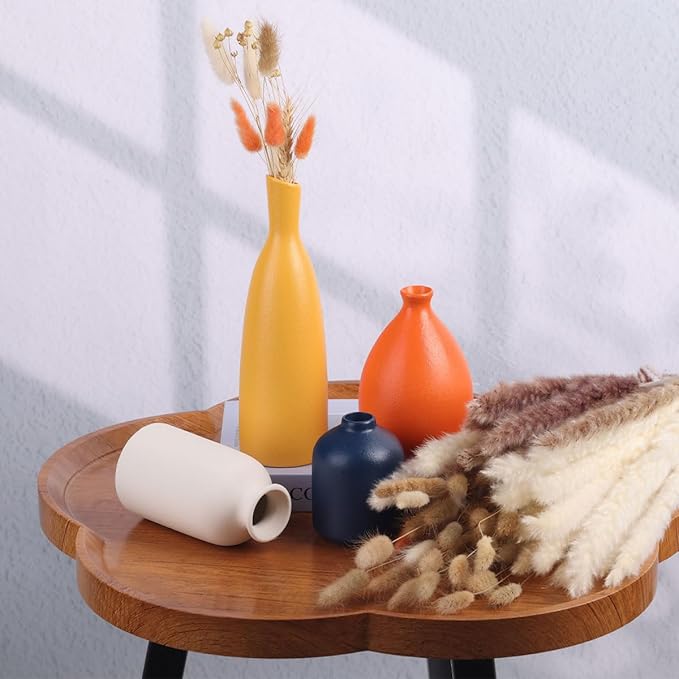 Colorful Ceramic Bud Vases Set of 4 - Modern Yellow, Orange, Blue Small Vases for Home Decor - Ideal for Living Room, Kitchen, Office, Bathroom, Mantle, Entrance, Farmhouse & Coffee Table Decorations