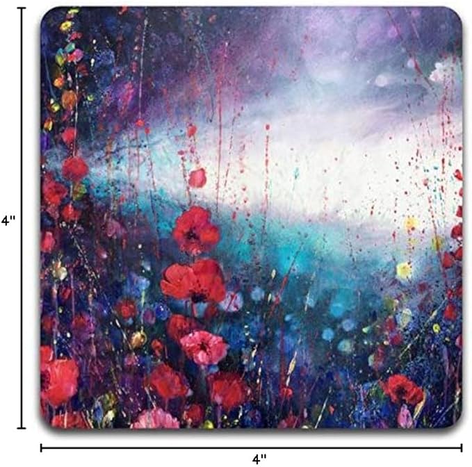 Watercolor Red Flowers Square Coaster Set - Made of Recycled Rubber - Set of 4