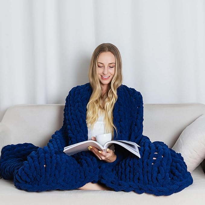 clootess Chunky Knit Blanket Chenille Throw - Warm Soft Cozy for Sofa Bed Boho Home Decor (Navy 40x60 in)