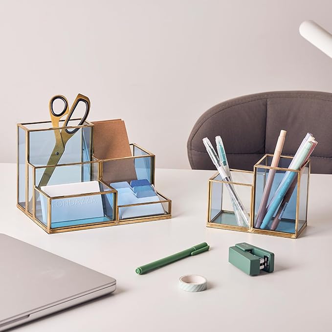 Gold & Blue Glass Desk Organizer - Elegant Office Decor, Aesthetic Makeup Brush Holder, 2-Compartment Pen Holder, Pencil Cup, Vanity & Cosmetic Storage, Desk Accessories for Women