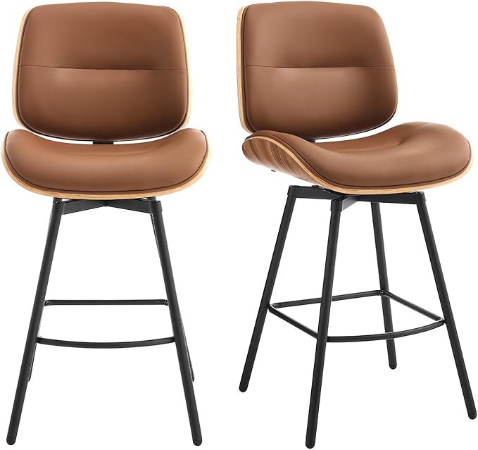 Mid Century Modern Counter Stools Set of 2, 27" Swivel Bar Stools with Metal Legs, Faux Leather Upholstered Bar Chairs with Footrest for Kitchen Island & Dining Tables, Brown