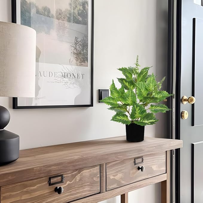 Artificial Plants Indoor with Pot 16.9" Faux Potted Perilla Plants Indoor Decorative Silk Greenery in Black Pot for Farmhouse Home Bathroom Living Room Office Table Shelf Decor