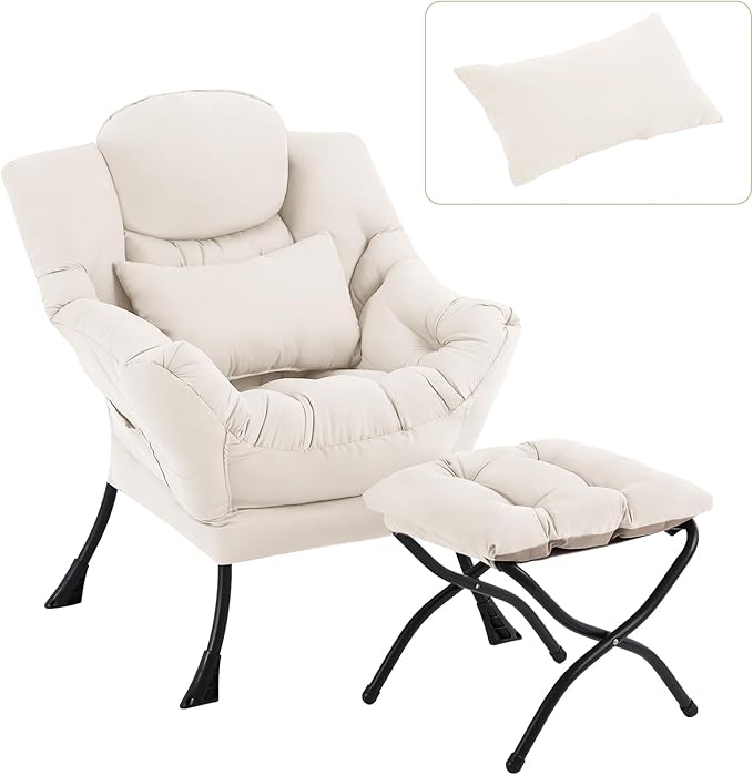 Lazy Chair with Ottoman, Modern Accent Chair with Lumbar Pillow, Comfy Chairs with Folding Footrest for Bedroom, Reading, Oversized Supportive Lounge Chairs(Velvet Beige)