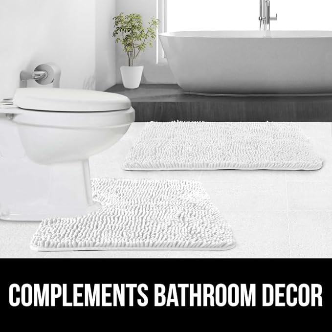 GORILLA GRIP Plush Absorbent Shaggy Chenille Bath Rug Mat for Oval Toilet Base with Rubber Backing, Machine Washable Rugs, Soft Microfiber Contour Mats for Toilets, Bathroom Decor, White