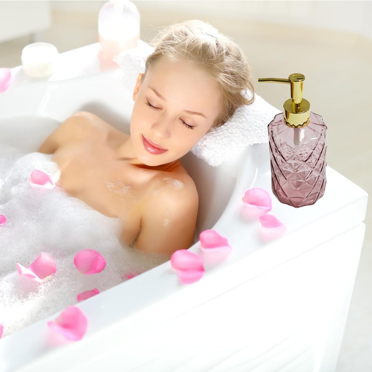 Glass Soap Dispenser with Gold Plastic Pump, 12oz Refillable Liquid Hand Soap Dispenser, 2 Pack Crystal Lotion Bottle for Modern Home Decor, Bathroom, Kitchen Countertop, Hotel