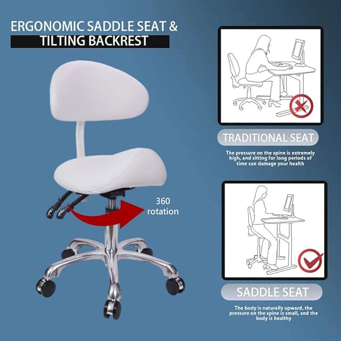 Saddle Stool Chair with Back Rolling Esthetician Seat for Salon Tattoo Shop Spa Facial lash Home Dentist Clinic Esthetician Chair(with Back Support, White)