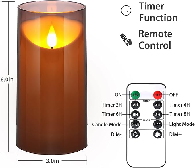 NURADA Flameless Candles with Remote Timer: 3D Wick Battery Operated Led Pillar Candle Unbreakable Acrylic Fake Candle Set for Home Decoration Romantic Ambiance- Grey 2 Pack