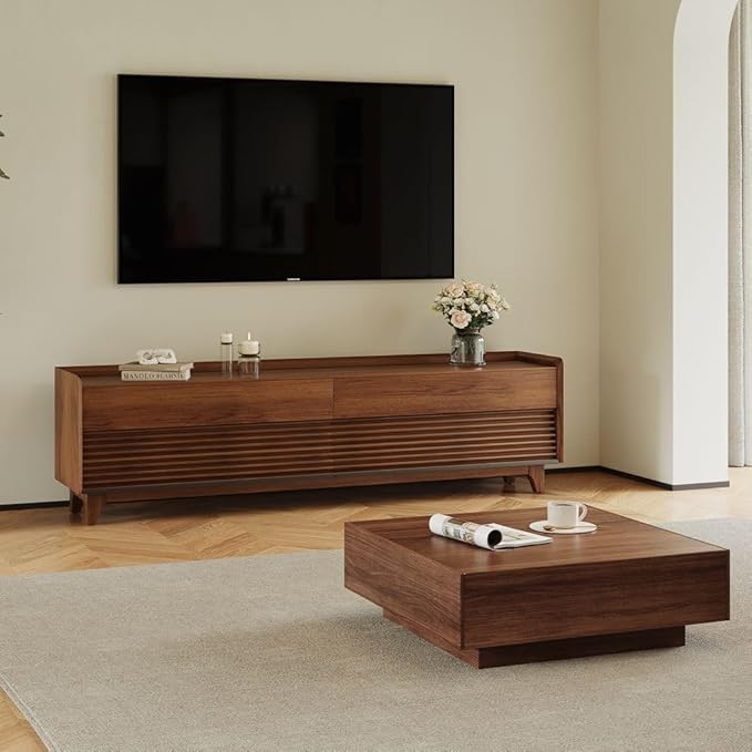 POVISON Fully-Assembled Mid Century Modern TV Stand with Legs, Wood Media Console with Adjustable LED Light, Entertainment Center with Storage for Living Room