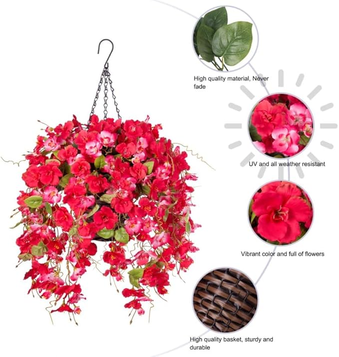 Artificial Fake Hanging Hibiscus Flower Baskets for Outdoor Decoration, Faux Silk Hibiscus Long Vines in Planter UV Resistant Realistic Flowers for Outside Porch Patio Home Decor, RedPink