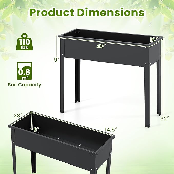 HAPPYGRILL Raised Garden Bed, Metal Elevated Planter Box w/Legs, Drainage Holes for Growing Vegetables Fruits Flowers, Indoor Outdoor Standing Plant Container for Backyard Patio (40”x16”x32”)