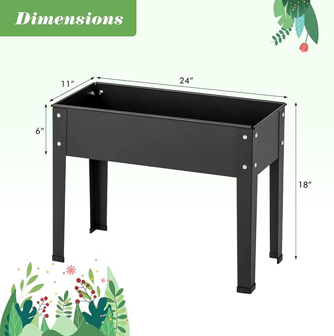HAPPYGRILL Raised Garden Bed, 18” Elevated Planter Box w/Legs, Drainage Hole, Hemming Design, Metal Garden Box for Vegetable Herb, Outdoor Raised Beds for Gardening, Backyard Porch Balcony, Black