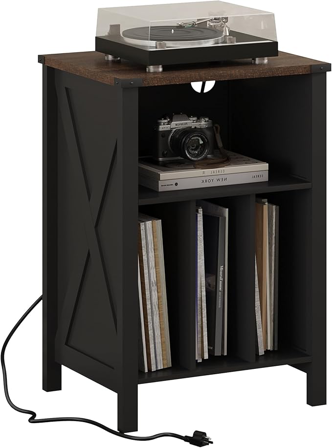ChooChoo Record Player Stand with Vinyl Storage, Turntable Stand with Charging Station, Record Storage Cabinet, End Side Table for Living Room, Bedroom, Black