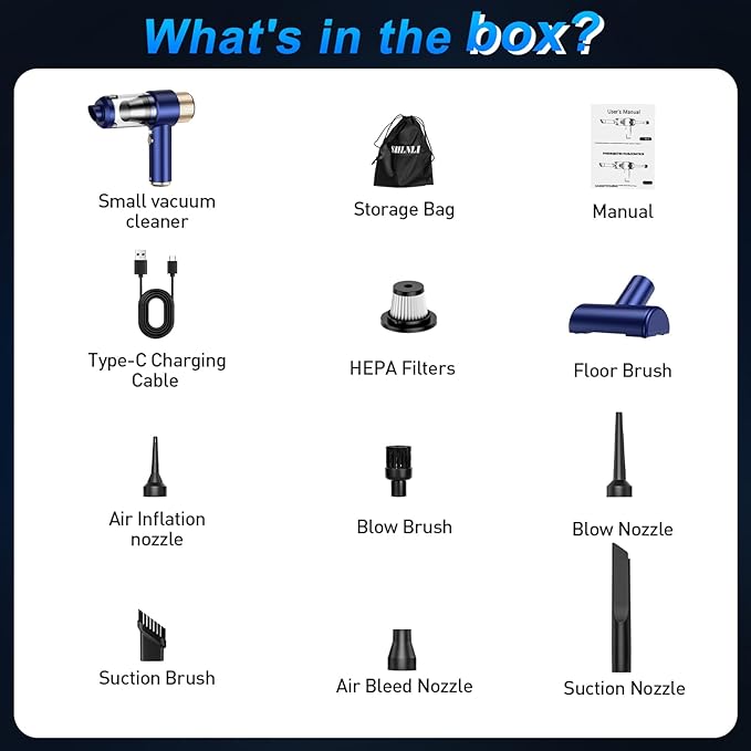 Mini Vacuum Cleaner, 15000PA Car Vacuum Cleaner Portable Cordless with LED Light, 4 in 1 Air Duster and Handheld Small Vacuum Rechargeable for Car, Home, Office, Pet(Blue)