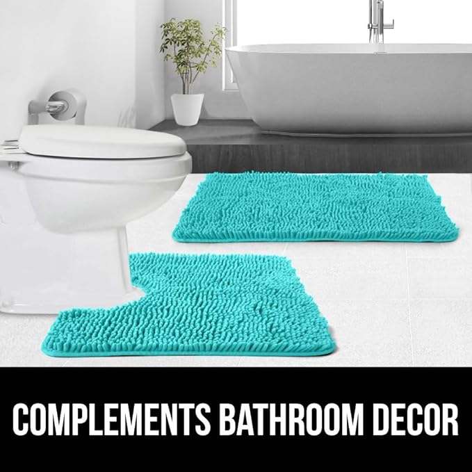 GORILLA GRIP Plush Absorbent Shaggy Chenille Bath Rug Mat for Oval Toilet Base with Rubber Backing, Machine Washable Rugs, Soft Microfiber Contour Mats for Toilets, Bathroom Decor, Turquoise