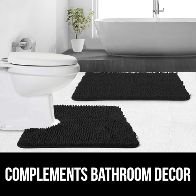 GORILLA GRIP Plush Absorbent Shaggy Chenille Bath Rug Mat for Oval Toilet Base with Rubber Backing, Machine Washable Rugs, Soft Microfiber Contour Mats for Toilets, Bathroom Decor, Black