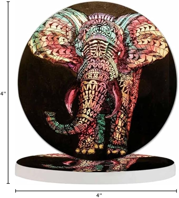 Tribal Elephant Table Coasters for Drinks Vintage Boho Colourful African Animal Isolate Portrait 100% Diatomite Home and Dining Room Bar Decor 4 X 4 X 0.35 Inch for Men Women