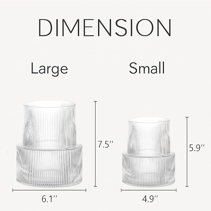 Ribbed Glass Vases for Bouquet, Set of 2 Fluted Vases for Flowers, Clear Vase for Tulips, Modern Glass Vase for Living Room, Office, Coffe Table, Dining Table, Shelf, Wedding