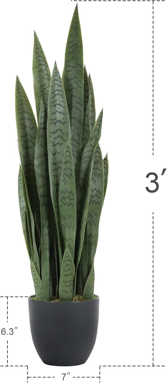 Worth Garden 3ft Artificial Snake Plant Fake Sansevieria Indoor Outdoor, 28 Thick Leaves Lifelike Faux Silk Plant, Home Decor Mother in Law Tongue Plant 35in, with Black pot & Dry Moss Included, Green
