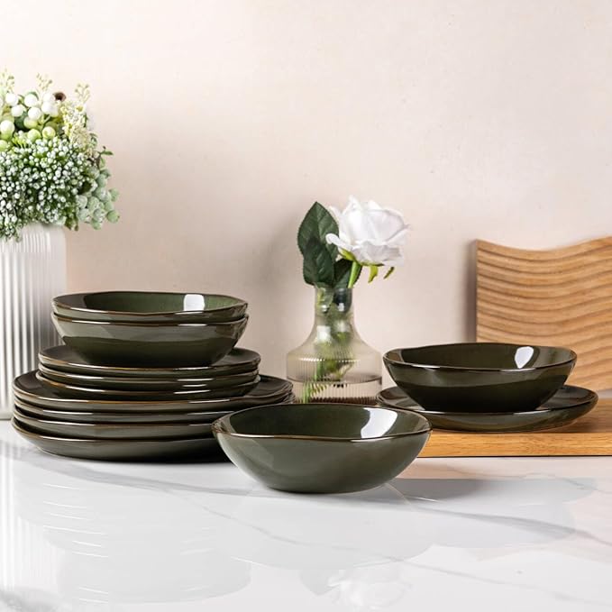 AmorArc Ceramic Dinnerware Sets,Handmade Reactive Glaze Stoneware Plates and Bowls Set,Highly Chip and Crack Resistant Dishware | Dishwasher & Microwave Safe Dishes,Service for 4(12Pcs)