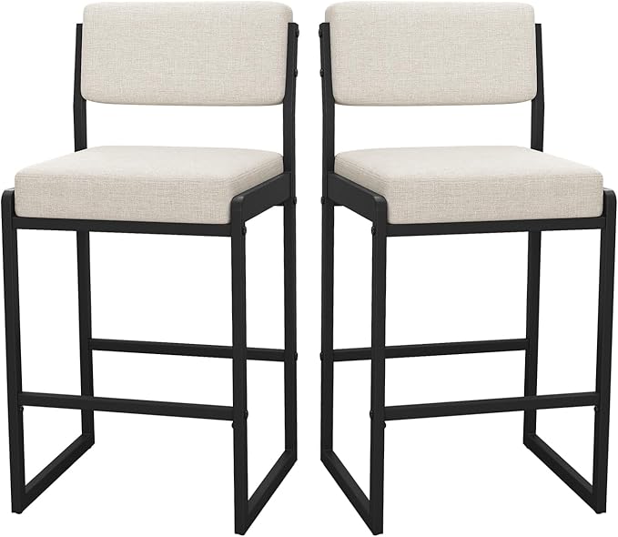 Mid Century Modern Counter Height Bar Stools Set of 3, 26" Bar Height Chairs with Backs, Upholstered Counter Stools, Metal Barstools for Kitchen Island (Beige- Fabric, 26" H - Set of 2)