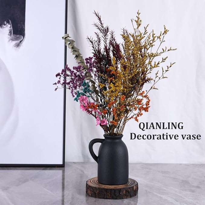 Black Ceramic Vase Set - 3 Small Matte Black Jug Vases, Farmhouse Country Flower Vase Home Decor, Living Room Decoration, Table Decoration, Fireplace Decor, and Entrance Decorations Centerpieces