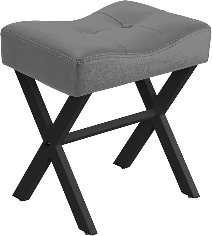 18-Inch Leather Vanity Stool Chair, Vanity Bench with Metal X-Leg, Ottoman Accent Stool with Thick Padded Saddle Seat, Gray