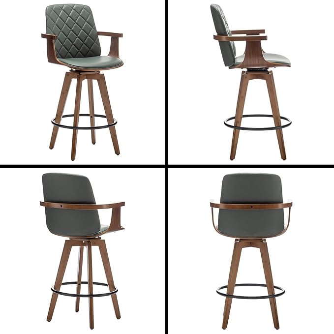 Bar Stools Set of 2, Upholstered Faux Leather Counter Height Bar Stools, Swivel Barstools with Wooden Arms and Legs (Green, 30" Seat Height)