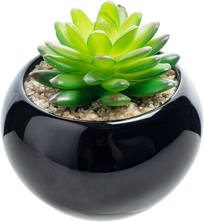 MyGift Mini Assorted Artificial Succulents in Round Black Ceramic Pots, Mixed Realistic Indoor House Plants, Set of 3