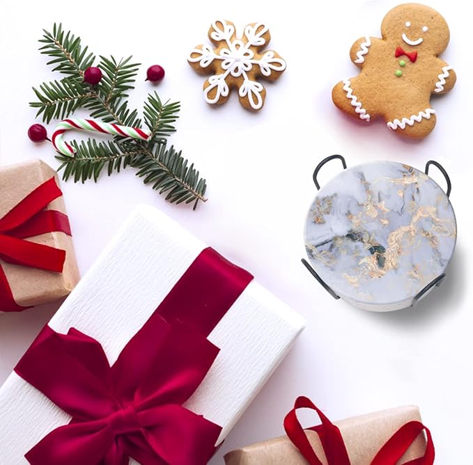 DOOKE Drink Coasters Set of 6, Round Absorbent Ceramic Stone Coasters with Cork Base, Funny Drink Coasters with Holder for Cold Drinks Wine Mugs and Cups, 4 Inch, Marble