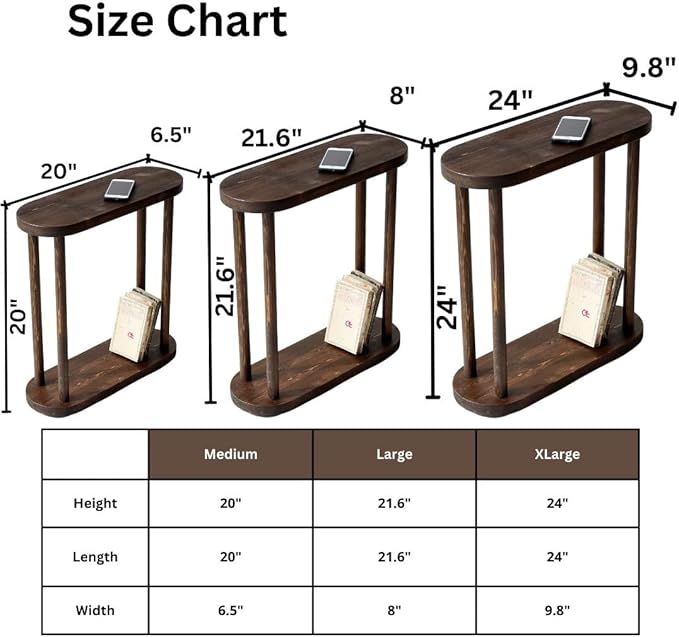 Oval Solid Wood Narrow Side Table, Slim End Table, Small Coffee Table (Dark Walnut, Medium)