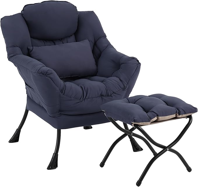 Lazy Chair with Ottoman, Modern Accent Chair with Lumbar Pillow, Comfy Chairs with Folding Footrest for Bedroom, Reading, Oversized Supportive Lounge Chairs(Navy Blue)