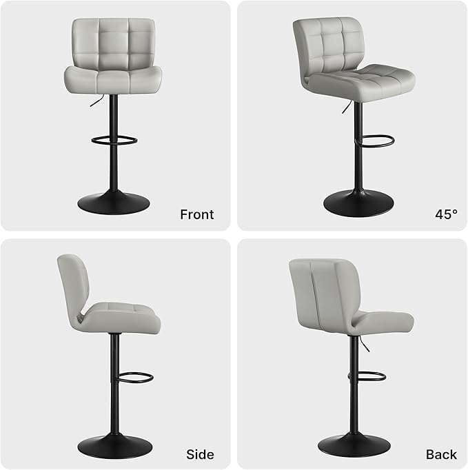 Modern Bar Stools, Faux Leather Upholstered Swivel Bar Stools, Adjustable Counter Height Bar Chairs with High Back and Footrest for Kitchen Island (Light Grey)