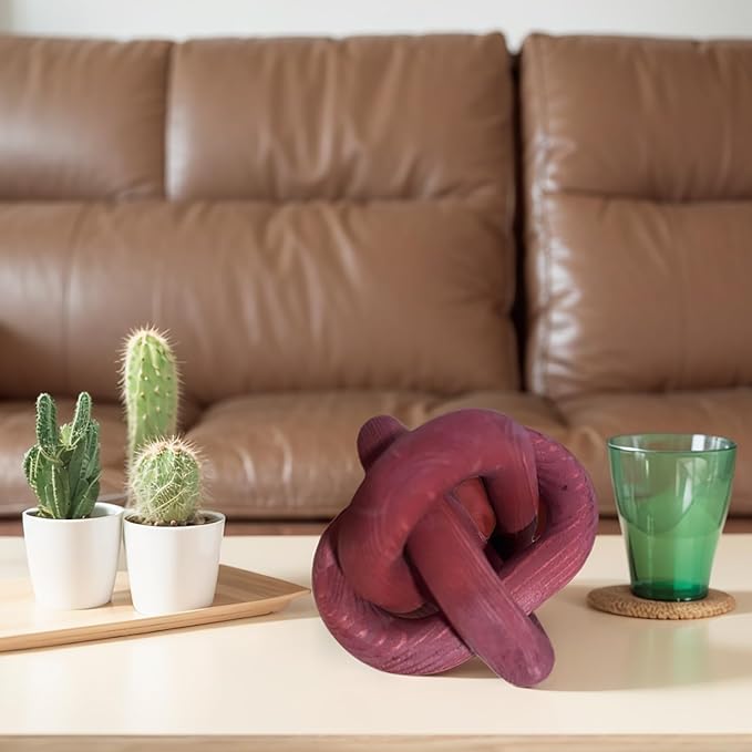 Wood Knot Decor -Coffee Table Decor Shelf Decor Table Books Hand Carved Home Decoration Boho Country Rustic Modern Shabby Chic Style 3 Link Wooden Knot Chain Link Decor (Burgundy)