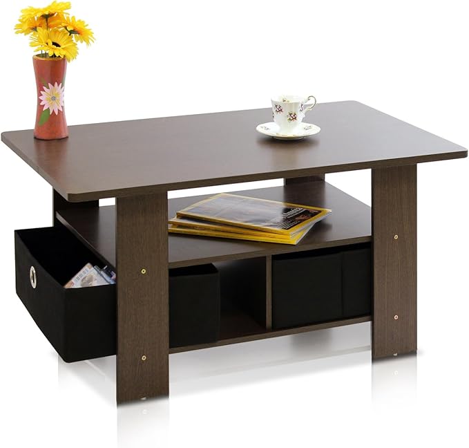 Furinno Coffee Table with Bins, Dark Brown/Black