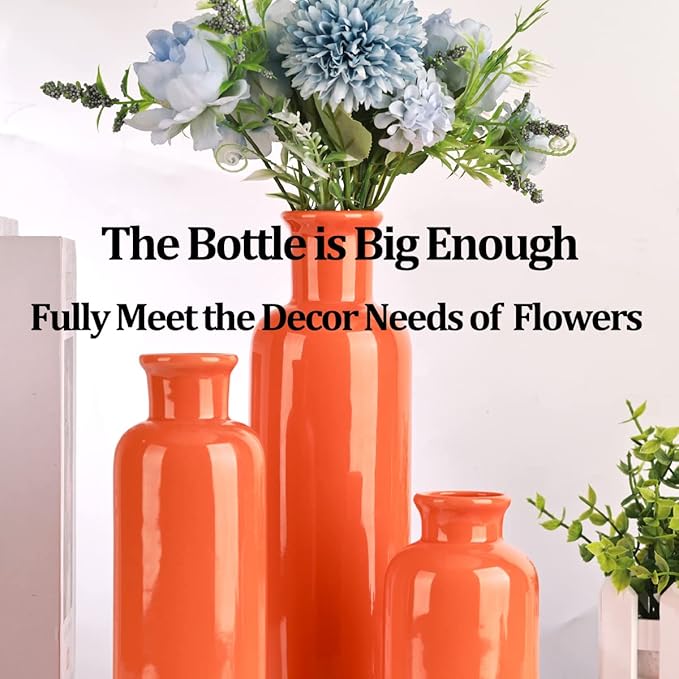 Orange Ceramic Vase Set for 3, Modern Minimalist Decor Boho Vases, Farmhouse Home Décor Accents Living Room Centerpieces, Suitable for Home Décor,Room,Entryway, Bookshelf, Mantel, Shelf Décor