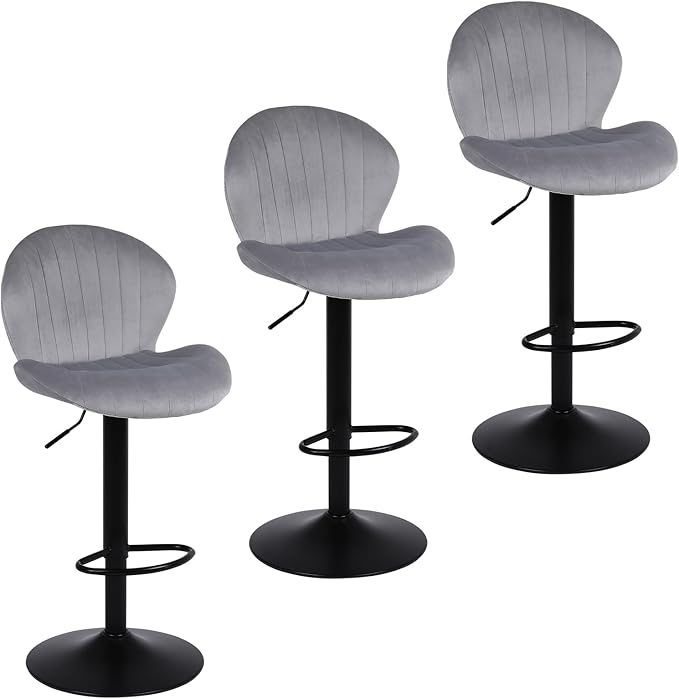 Modern Bar Stools Set of 3, Velvet Height Adjustable Swivel Barstools, Armless Kitchen Island Counter Chairs with Back & Footrest, Grey