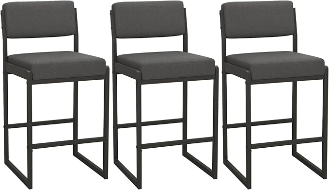 Mid Century Modern Counter Height Bar Stools Set of 3, 26" Bar Height Chairs with Backs, Upholstered Counter Stools, Metal Barstools for Kitchen Island (Darkgray- Fabric, 26" H - Set of 3)