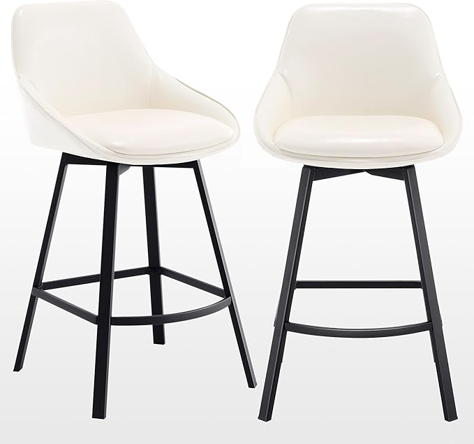 Zesthouse Swivel Counter Height Stools Set of 2, Modern Upholstered Barstools with Backs, 26'' Faux Leather High Chairs for Island Kitchen, Counter Height Chairs with Metal Legs, White