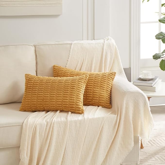Fancy Homi 4 Packs Mustard Yellow Decorative Throw Pillow Covers 12x24 Inch for Living Room Couch Bed Sofa, Rustic Farmhouse Boho Home Decor, Soft Plush Striped Corduroy Square Cushion Case 30x60 cm