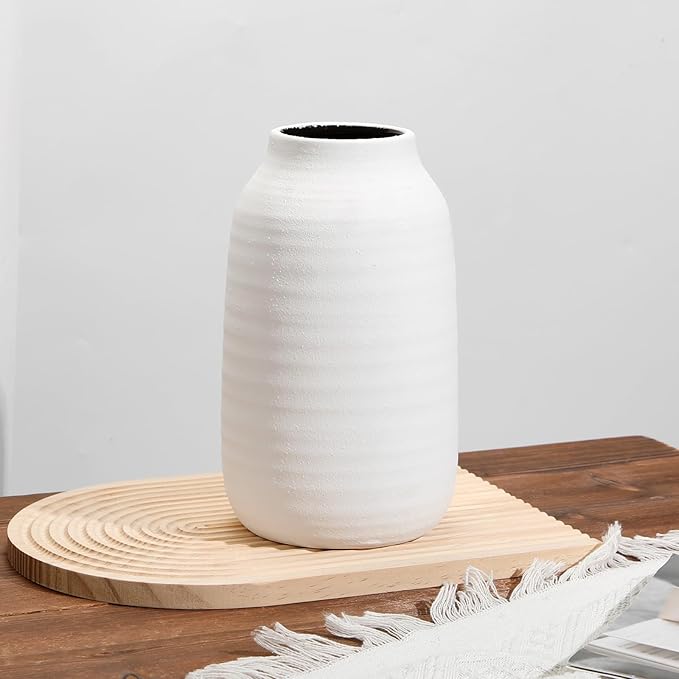 Briful White Ceramic Vase for Pampas Grass – 9.4” Tall Ribbed Modern Vase, Minimalist Farmhouse Table Centerpiece, Boho Home Decor for Dried Flowers, Shelf, Mantel & Entryway Styling