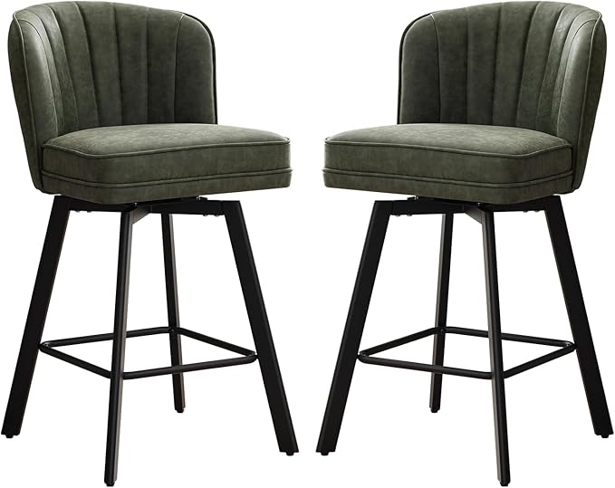 Swivel Counter Height Bar Stools Set of 2, 26'' Modern Barstools with Backs and Metal Legs, Upholstered Bar Chairs, Faux Leather Green Stools for Kitchen Island Chairs