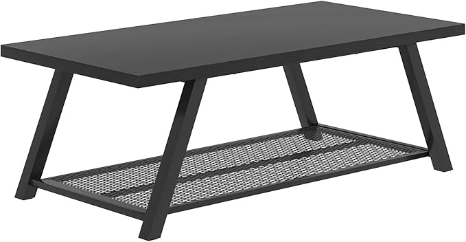 FOLUBAN Black Coffee Table, Modern Rustic Wood and Metal Living Room Table with Storage Shelf, Industrial Rectangle Cocktail Tea Table, 47 Inch