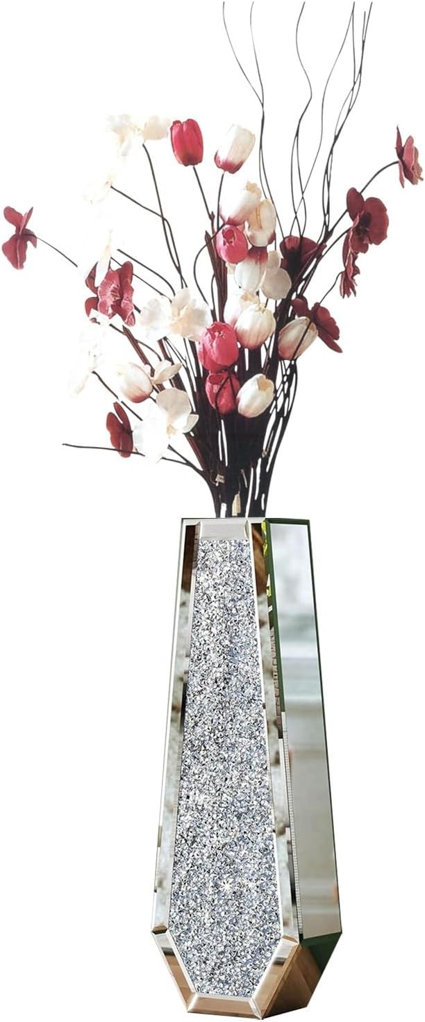 Mirrored Flower Vase Decorative: Crushed Diamond Glass Mirror Vase Large Luxury Bling Crystal Silver Hexagon Shaped Decor for Home Centerpieces, Won't Hold Water