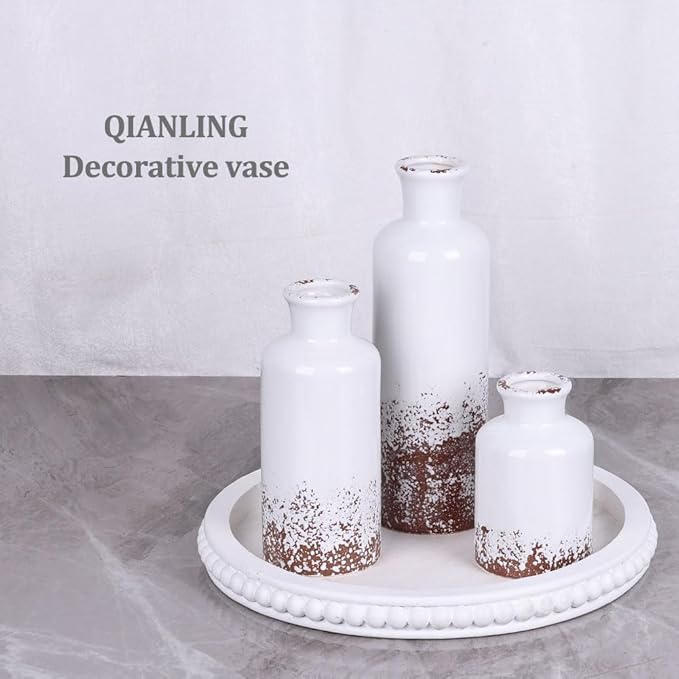 Gray Ceramic Vase Set - 3 Grey Small Vases, Farmhouse Country Flower Vase Home Decor, Living Room Decoration, Table Decoration, Fireplace Decor, and Entrance Decorations Centerpieces