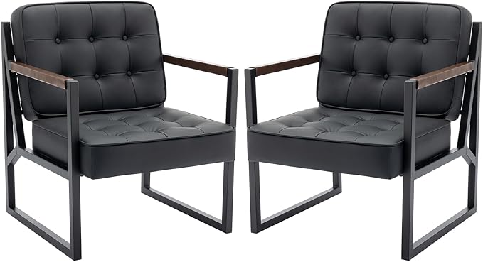 COLAMY Mid Century Modern Accent Chair Set of 2, Comfy Living Room Chair, Black Leather Accent Chair, Faux Leather Reception Armchair with Metal Legs for Living Room Bedroom Reception Office, Black