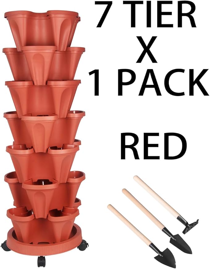Vertical Planter 7 Tier Stackable Planters Garden Planters Strawberry Herb Flower and Vegetable Planter Indoor Outdoor Gardening Pots with Removable Wheels and Tools