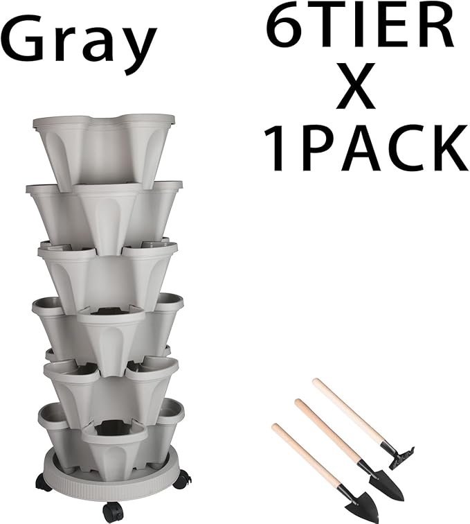 Vertical Planter 6 Tier Stackable Planters Garden Planters Strawberry Herb Flower and Vegetable Planter Indoor Outdoor Gardening Pots with Removable Wheels and Tools