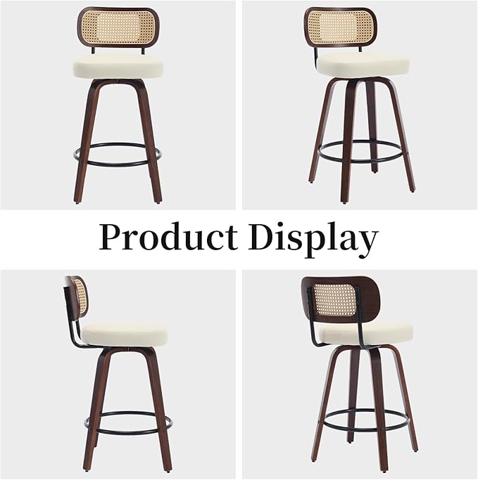 Swivel Counter Height Bar Stools Set of 4, 26 inch Bar Chairs with Curved Rattan Back, Upholstered PU Leather, Walnut Craftsmanship, Mid Century Modern Counter Stools for Kitchen Counter, Beige