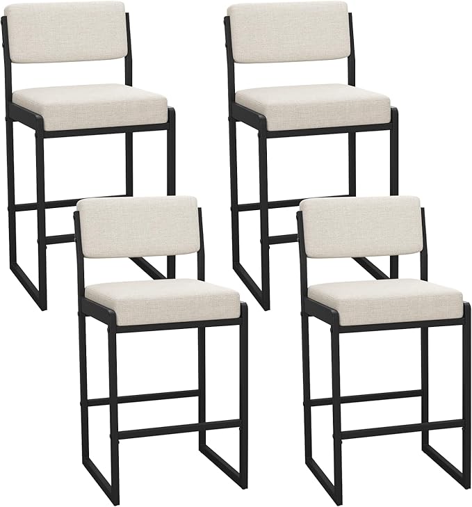 Mid Century Modern Counter Height Bar Stools Set of 3, 26" Bar Height Chairs with Backs, Upholstered Counter Stools, Metal Barstools for Kitchen Island (Beige- Fabric, 26" H - Set of 4)